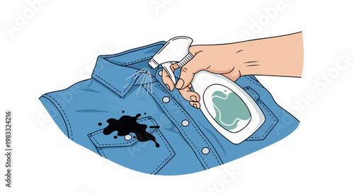 Hand spraying cleaning liquid onto a stained blue shirt