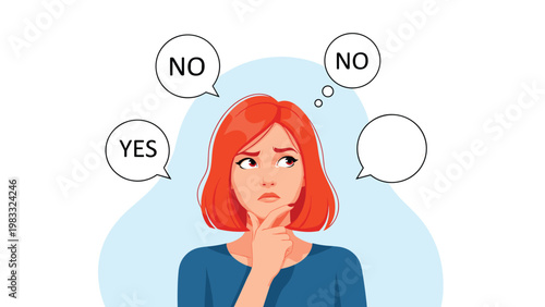 Pensive woman with red hair touching her chin while thinking about different options with yes and no speech bubbles.