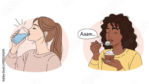 Comparison of healthy and unhealthy habits showing a woman drinking water and another enjoying a sweet chocolate dessert.