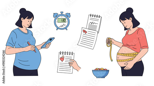 Pregnant woman tracking her health and baby development using a mobile phone app and measuring her belly with a tape.