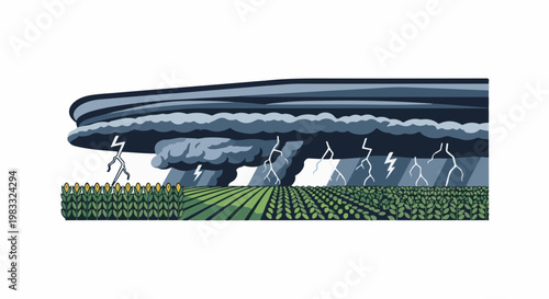 Dramatic storm clouds loom over a field of crops with lightning striking
