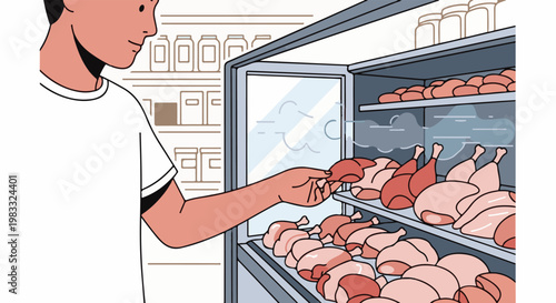 Person selecting raw chicken from a refrigerated display case in a store