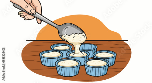 Spoon pouring batter into blue cups on a wooden surface