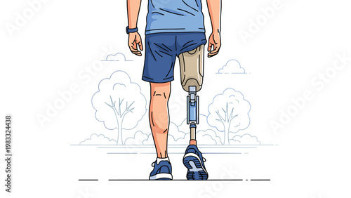 Back view of a person with a prosthetic leg walking on a path in an outdoor park to showcase recovery and inclusion.