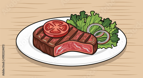 Grilled steak with fresh tomato slice, lettuce, and onion rings on a plate