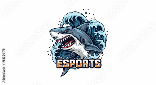 Fierce shark with open jaws surges through ocean waves, an esports emblem