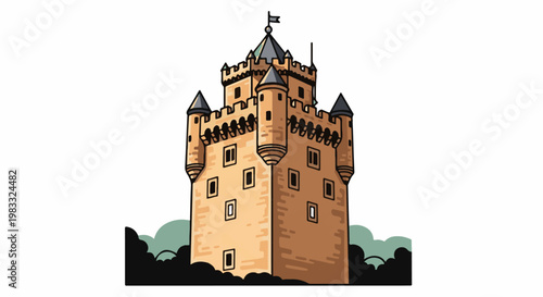 Medieval fortress with conical roofs, battlements, and a flag atop