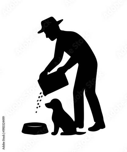 Silhouette of a man pouring kibble into a bowl for his pet dog