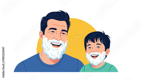 Cheerful father and young son with white shaving foam on their faces smiling together during their morning routine.