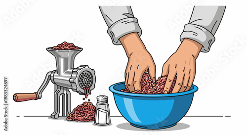 Hands mixing ground meat in a blue bowl next to a grinder and salt