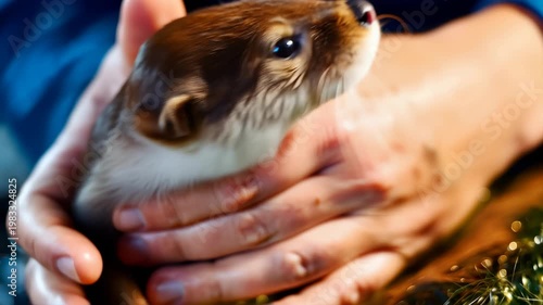 Close-up of a baby otter being gently held near water, showing wildlife care, tenderness and animal rescue connection
