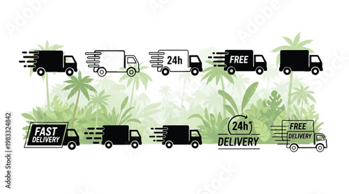 Delivery Truck icon set. Express delivery trucks icons. Fast shipping truck. Free delivery 24 hours. Logistic trucking sign