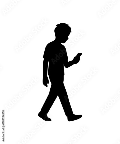 Boy walking distracted by smartphone addiction silhouette