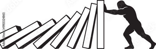 Man stopping dominoes from falling with hand chain reaction stopping dominoes preventing intervention stability consequence management solution decision strategy
