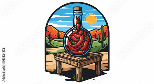 Hot desert sun beats down on chilies in a bottle on a rustic wooden table