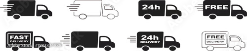 Delivery Truck icon set. Express delivery trucks icons. Fast shipping truck. Free delivery 24 hours. Logistic trucking sign