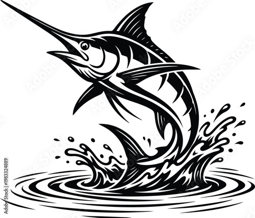 Leaping marlin fish vector, sport fishing mascot jumping from water