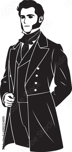 Vector illustration of a man in elegant 1800s formal wear, featuring a cravat, waistcoat, and long coat. Styled in black and white silhouette.