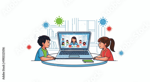 Children attending online class with teacher and classmates while virus particles float