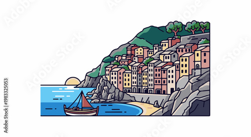 Colorful coastal village with a sailboat at sunset