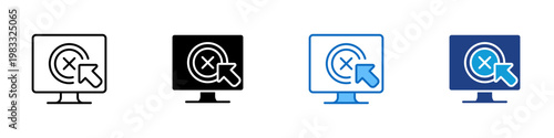Click Error Multiple Style Icon Design Vector - Screen with cross target and cursor representing failed interaction, invalid click, and user input error