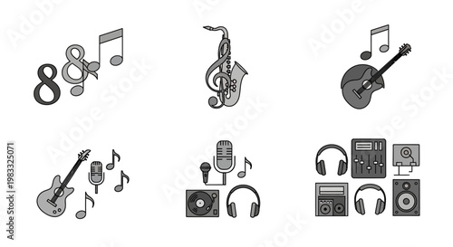 Music icons and musical instruments symbols.