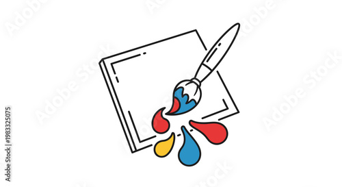 Colorful paintbrush with vibrant paint drops.