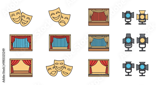 Theatrical Masks and Curtains Icons Set.