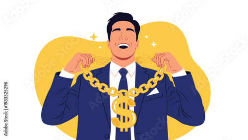 Successful businessman wearing a thick gold chain with a large dollar sign pendant and laughing with great joy.