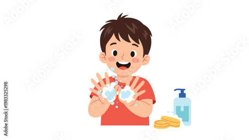 Smiling young boy washing his hands with bubbly soap and warm water to maintain personal hygiene and good health.