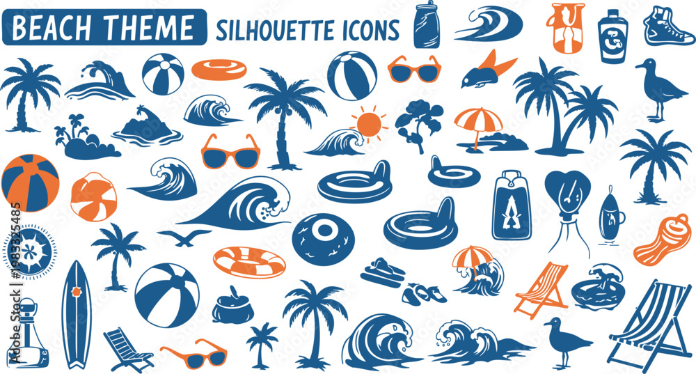 Fototapeta premium Beach theme silhouette icons set illustration with vacation elements