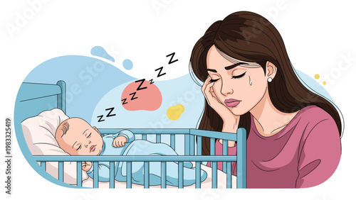Tired mother with a headache looking at her baby sleeping peacefully in a blue wooden crib during the daytime.