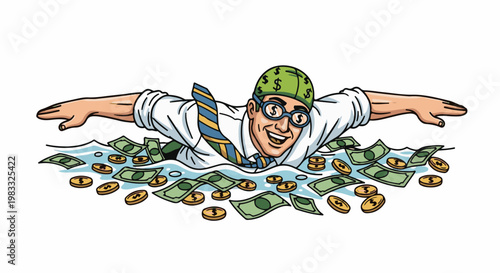 Man in business attire swims through water filled with money and coins
