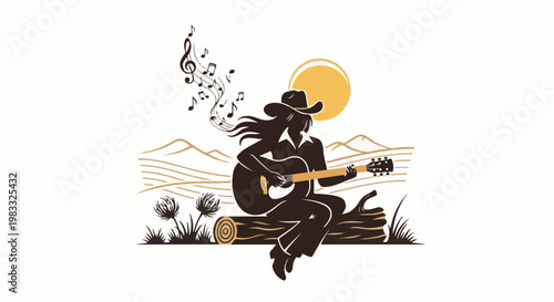 Silhouette of a cowgirl playing guitar with musical notes under a setting sun