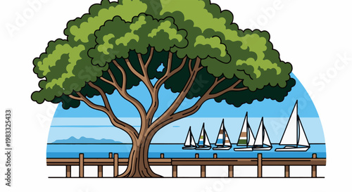Large tree by a wooden pier overlooking a bay with sailboats