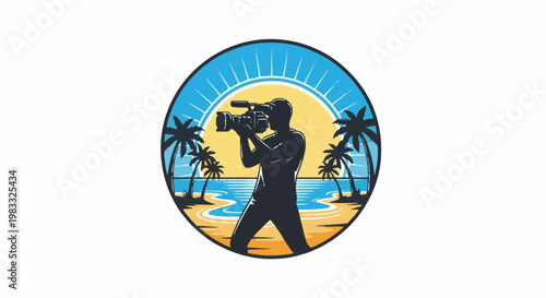 Silhouette of a cameraman filming a tropical beach with palm trees and sun