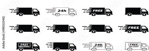 Delivery Truck icon set. Express delivery trucks icons. Fast shipping truck. Free delivery 24 hours. Logistic trucking sign