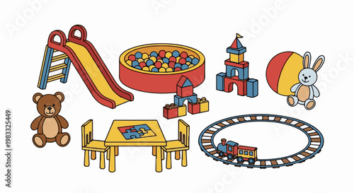 Collection of colorful children's toys a slide, ball pit, blocks, train, table, and stuffed animals