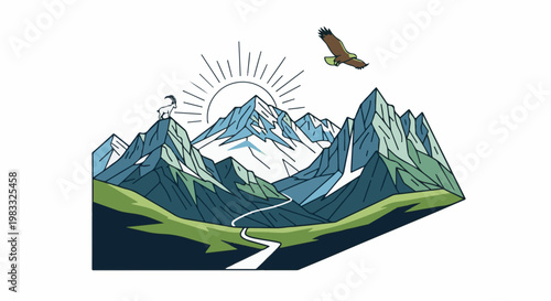 Stylized mountain range with sun, eagle and goat on peak