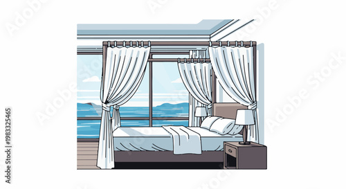 Cozy bedroom with ocean view and draped curtains