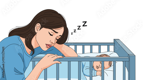 Exhausted young mother leaning her head on the edge of a baby's blue crib while watching the infant sleep quietly.