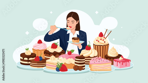 Professional businesswoman in a formal suit eating a cupcake and surrounded by a large variety of sweet cakes.