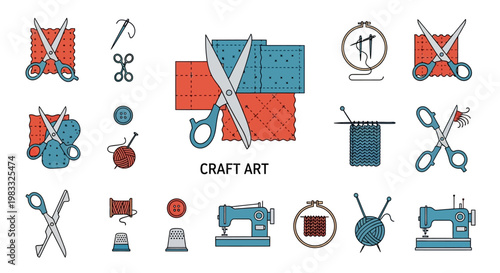 Sewing Machine Scissors Craft Tools Icons.