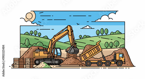 Construction site with excavator and dump truck moving earth under a sunny sky