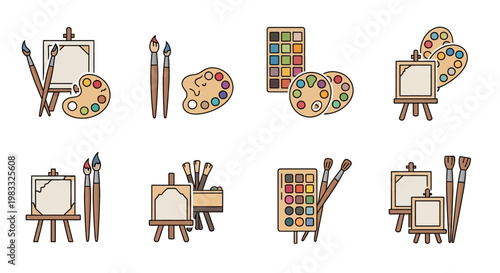 Colorful painting supplies and easels.