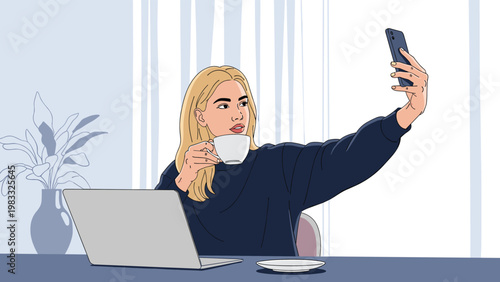 Modern woman taking beautiful selfie while drinking coffee and working on laptop at desk in bright room setting.