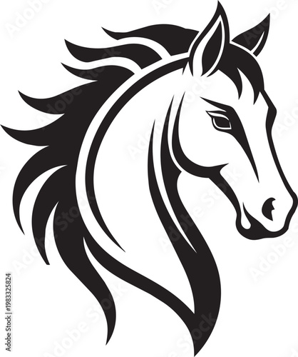 Black and white horse head logo.