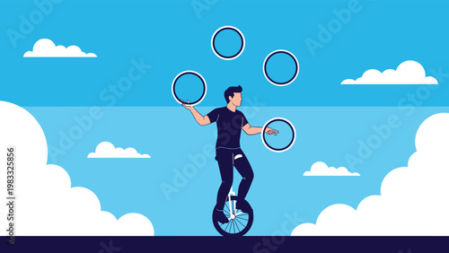 Talented performer riding unicycle while juggling four rings against clear blue sky with fluffy white clouds.