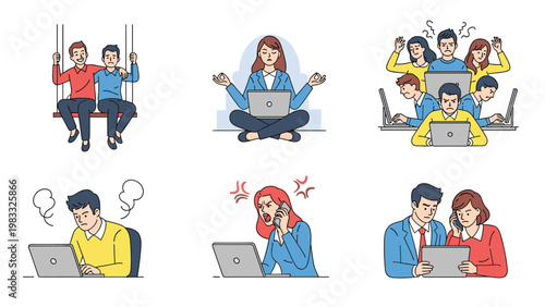 Various business people illustrations depicting office life including stress frustration meditation and teamwork.
