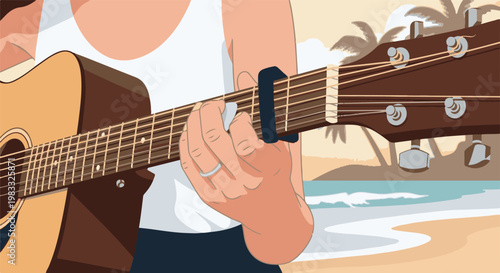 Close-up of a hand playing an acoustic guitar on a tropical beach